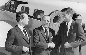 Nov. 1957: Nevada state Senator E. L. Cord shaking hands with JFK during a Young Democrats tour in Reno, NV. On the left is U.S. Senator Alan Bible (D-NV).
