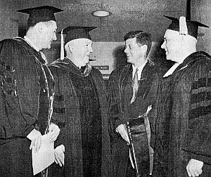 Feb 11, 1958: Sen. Kennedy with La Salle College officials in Phila., PA, where he received an honorary degree and delivered a speech, “Careers in Politics.”