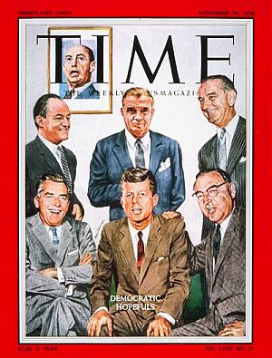 Nov. 24th, 1958, Time magazine, featuring seven "Democratic Hopefuls" in the early bidding for the 1960 presidential nomination: at top, Adlai Stevenson, former Illinois Governor and Democratic Presidential candidate (1952 and 1956); standing from left: Sen. Hubert H. Humphrey (MN), Sen. Stuart Symington (MO), Sen. Lyndon B. Johnson (TX); and seated, from left, New Jersey Gov. Robert Meyner, Sen. John F. Kennedy (MA) and then California Gov.-elect, Edmund "Pat" Brown.