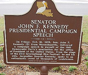 Historical marker in Crowley, LA, commemorating the date and location of JFK’s October 16th, 1960 speech before “an enthusiastic crown of thousands of Louisianans” at 23rd International Rice Festival.