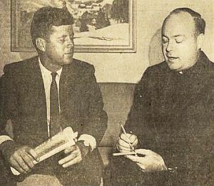 October 1959: JFK being interviewed by Rev. Rawley Meyers, a reporter for the “Southern Nebraska Register,” a Catholic newspaper in Lincoln, Nebraska.