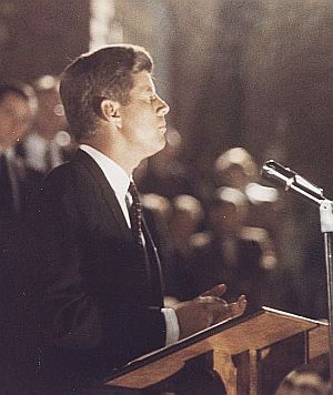 Sept 19, 1959: Senator John F. Kennedy giving speech at Ohio University, Athens, Ohio. Photo, JFK Presidential Library.