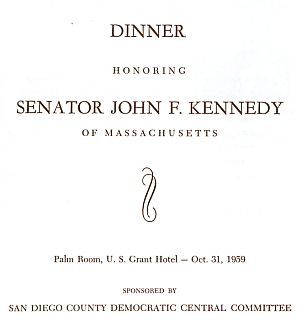 Oct 31, 1959:  Cover of dinner program honoring Senator John F. Kennedy who would deliver a speech that evening before the sponsoring Democratic Committee of San Diego County, California.
