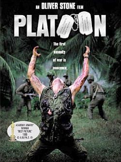 Poster for 1986 Oliver Stone film, “Platoon,” showing Sgt. Elias Vietnam death scene. Click for film.