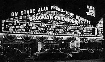 1950s: The Brooklyn Paramount’s electric marquee at night announcing an Alan Freed show and star participants.