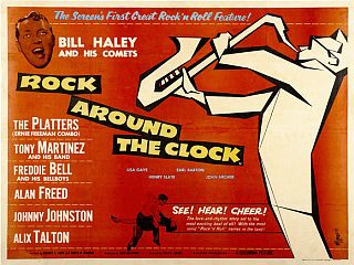 Poster for the 1956 film, “Rock Around The Clock,” billed as “The Screen’s First Great Rock ’n Roll Feature!” Click for 2-film DVD.