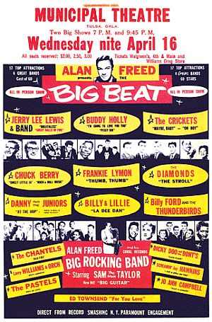 Poster ad for an Alan Freed “Big Beat” stage show of April 16, 1958 for the Municipal Theater of Tulsa, OK.