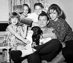 Gifford, like Bednarik, was a family man in the early 1960s, shown here with his then-wife Maxine, three children, and family pet.  December 1963.