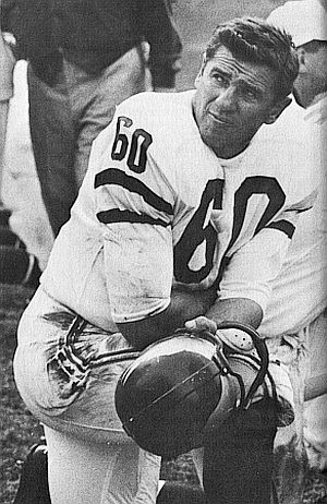 Chuck Bednarik in a rare moment on the sidelines, as he was known for his “iron man” two-way performances.