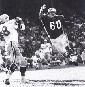 Chuck Bednarik, No. 60, at linebacker going for the ball on a pass play to a Green Bay Packer receiver.