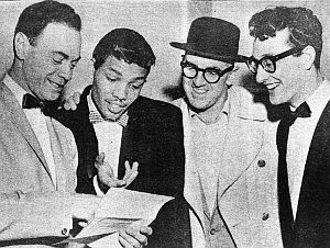 8 Sept 1957: From left, Alan Freed, Larry Williams, Ben Dacosta (DJ) & Buddy Holly at NY Paramount Theater.