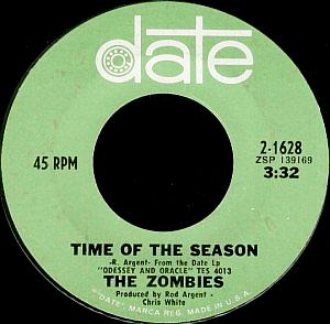 45rpm disc for The Zombies’ hit song, “Time of The Season,” on Date records, a CBS subsidiary label. Click for vinyl.