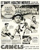Full-page newspaper ad of October 1933 with the New York Giants endorsing R.J. Reynolds’ Camel cigarette brand.