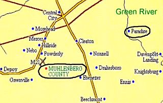 An older map showing a
                        portion of Muhlenberg County, Ky with the town
                        of Paradise shown, now gone.
