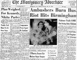 Headline from 'The Montgomery Advertiser' news-paper (Montgomery, AL) tells of Anniston bus burning & mob attacks in Birmingham.