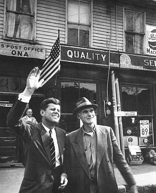 April 1960: JFK campaigning in the tiny hamlet of Ona, West Virginia prior to that state’s May 10th primary.