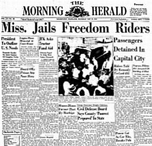 Headline from ‘The Morning Herald’ newspaper of Hagerstown, MD, May 25, 1961 announcing jailing of Freedom Riders in Mississippi with photo of Riders being loaded into paddy wagon.