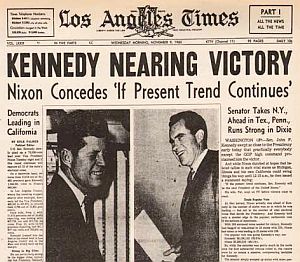 Nov 9, 1960 a.m. edition of Los Angeles Times has JFK “nearing victory” amid Nixon’s conditional concession.