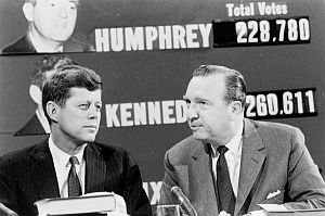April 5th, 1960: CBS newsman Walter Cronkite interviews JFK during the Wisconsin primary vote.