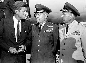 Aug 20th, Omaha, NE: JFK at Offutt AFB for briefing on SAC operations with Gen. Thomas S. Power (r), Strategic Air Command chief, and Gen. Curtis LeMay, Air Force vice chief of staff.  AP photo.