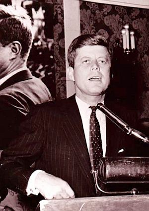 Feb 17, 1960: JFK, at the Hotel Retlaw in Fond du Lac, WI, where a large photo of his likeness was mounted behind him, spoke on the topic of “Water Pollution,” noting that in 1959 the beaches of Milwaukee had been closed because the water was unsafe and unhealthy.