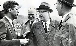 Feb 8, 1960: JFK arriving in Roseburg, Oregon, where he is met by a local delegation that includes Edward Murphy (c), his Douglas County campaign manager, and  State Rep. W.O. Kelsey (r). Photo, The Oregonian.