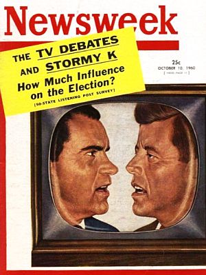 October 10th, 1960 edition of Newsweek features JFK-Nixon TV debates on its cover along with “stormy K,” a reference to Soviet Premier, Nikita Khrushchev. 