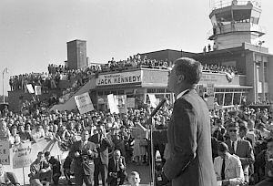 Oct. 10, 1960: JFK addressing crowd at the LaGrange-Callaway Airport in Georgia, and would later visit Warm Springs, GA, former FDR retreat. Photo, Atlanta Journal