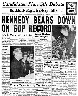 October 24th edition of “Rockford Register-Republic” chronicles JFK Illinois campaign visit, mentioning plans for a 5th national TV debate that never came about.