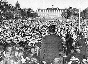 Oct 24, 1960: JFK spoke before some 10,000 college students and faculty who packed the University of Illinois Quad at Urbana to hear him speak on foreign policy. It was the first political speech allowed on university property since the 1870s.