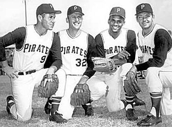Pittsburgh Pirates from the 1960 team shown a few years later, from left: Bill Mazeroski, Vernon Law, Roberto Clemente and Elroy Face.