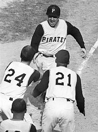 Hal Smith being greeted by Dick Groat and Roberto Clemente for his 3-run home run, Game 7, 1960 World Series.
