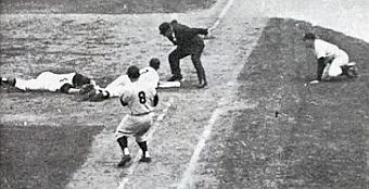 Mickey Mantle – #7, “safe” at first  – was said to have made a nifty move to avoid the tag of Rocky Nelson on a key 9th inning play when Yogi Berra, #8, grounded out.