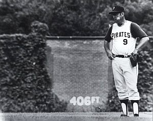 Bill Mazeroski at his 2nd base position in a later 1970 photo with the Forbes Field outfield wall behind him.