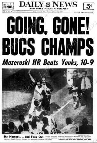 Oct 14, 1960: Headlines from the New York Daily News delivers the bad news to New York Yankee fans, showing Bill Mazeroski making his jubilant run to home plate.