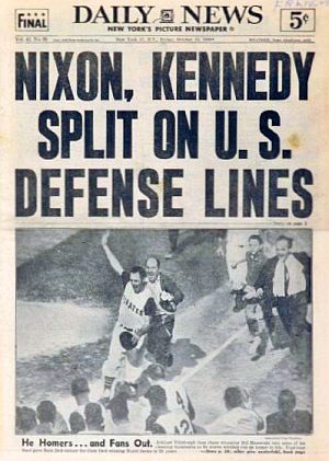 NY Daily News front-page headline for October 14, 1960, featured Kennedy-Nixon TV debate differences along with photo of Mazeroski home run celebration.