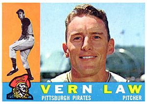 1960 Topps trading card for Vernon Law, an ordained Mormon minister, nicknamed the “Deacon;” won 2 World Series games & 1960 Cy Young Award. Click for 'Buc Hill Aces'.