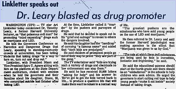 December 1969: News story by United Press International reporting on Art Linkletter’s speech before the Governors Conference on Narcotics and Dangerous Drugs (this account appeared in The Bulletin, Bend, Oregon, Dec. 3rd, 1969, p. 1).