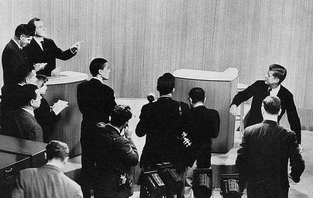 October 21st, 1960: Richard Nixon, far left, pointing, appears to be trying to score on last rejoinder as JFK leaves the stage after their 4th nationally-televised presidential debate. Taschen’s Norman Mailer-JFK book covers all four of the debates, on stage and off, presenting photographs like this one, which capture some of the “post-game” action.
