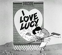 Lucy & Ricky stick figures clowning with a cigarette pack.