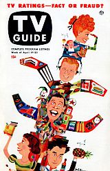 April 17, 1953 TV Guide with a Lucy caricature featured atop totem pole of other 1953 TV stars – Arthur Godfrey, Milton Berle, Imogene Coca, and Sid Caesar. Week of April 17th,1953.