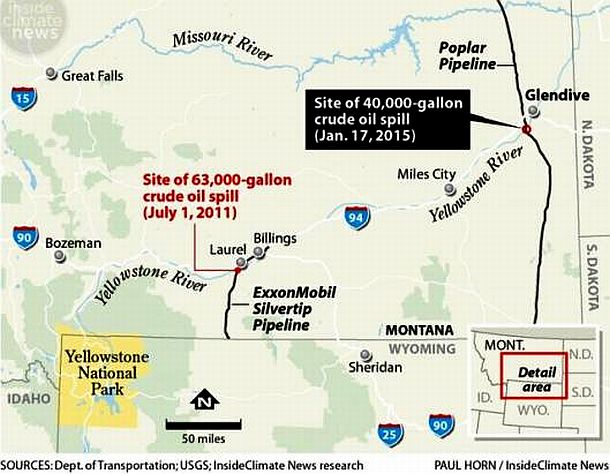 This map, compiled by Inside Climate News, shows the locations of both the July 2011 ExxonMobil pipeline spill and the January 2015 Poplar Pipeline spill, both fouling the Yellowstone River. Click on map for Inside Climate News.