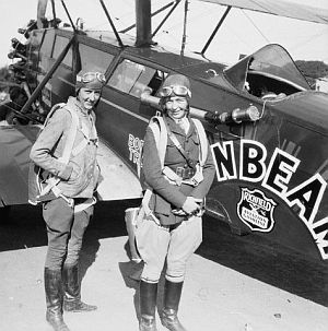 November 1929: Bobbi Trout (left) and Elinor Smith with their Sunbeam airplane around the time they set a 42½ hour flight endurance record with a refueling.