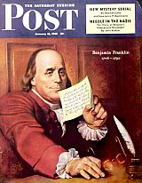 John Falter’s first illustration for the “Saturday Evening Post,” early publisher Ben Franklin. Ben Franklin, January 1943.