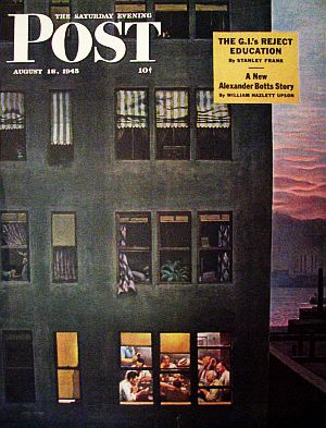 John Falter captures an “all-night-at-the-office” poker game for the Saturday Evening Post, August 18, 1945.