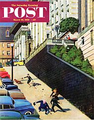 John Falter’s “Spilled Purse on Steep Hill,” SEP, March 26, 1955. Falter painting for March 1955 Sat Eve Post cover sold for $131,000, Feb 2014. Click for larger image.