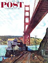 John Falter’s “Fishing Under The Golden Gate,” SEP, November 16, 1957. Golden Gate, Nov 1957.