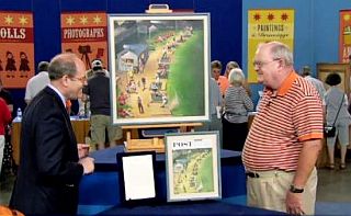 November 2014: “Antiques Roadshow” appraiser (L) with owner (R) of John Falter painting, magazine cover & letter.