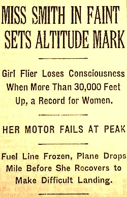 New York Times story on Elinor Smith’s flight of March 1931 when she blacked out and had engine failure, but still managed to recover from both and set an altitude record.
