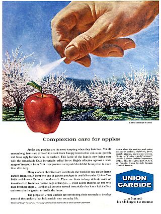 Union Carbide ad titled “Complexion Care for Apples,” touting the company’s Sevin insecticide for orchards.